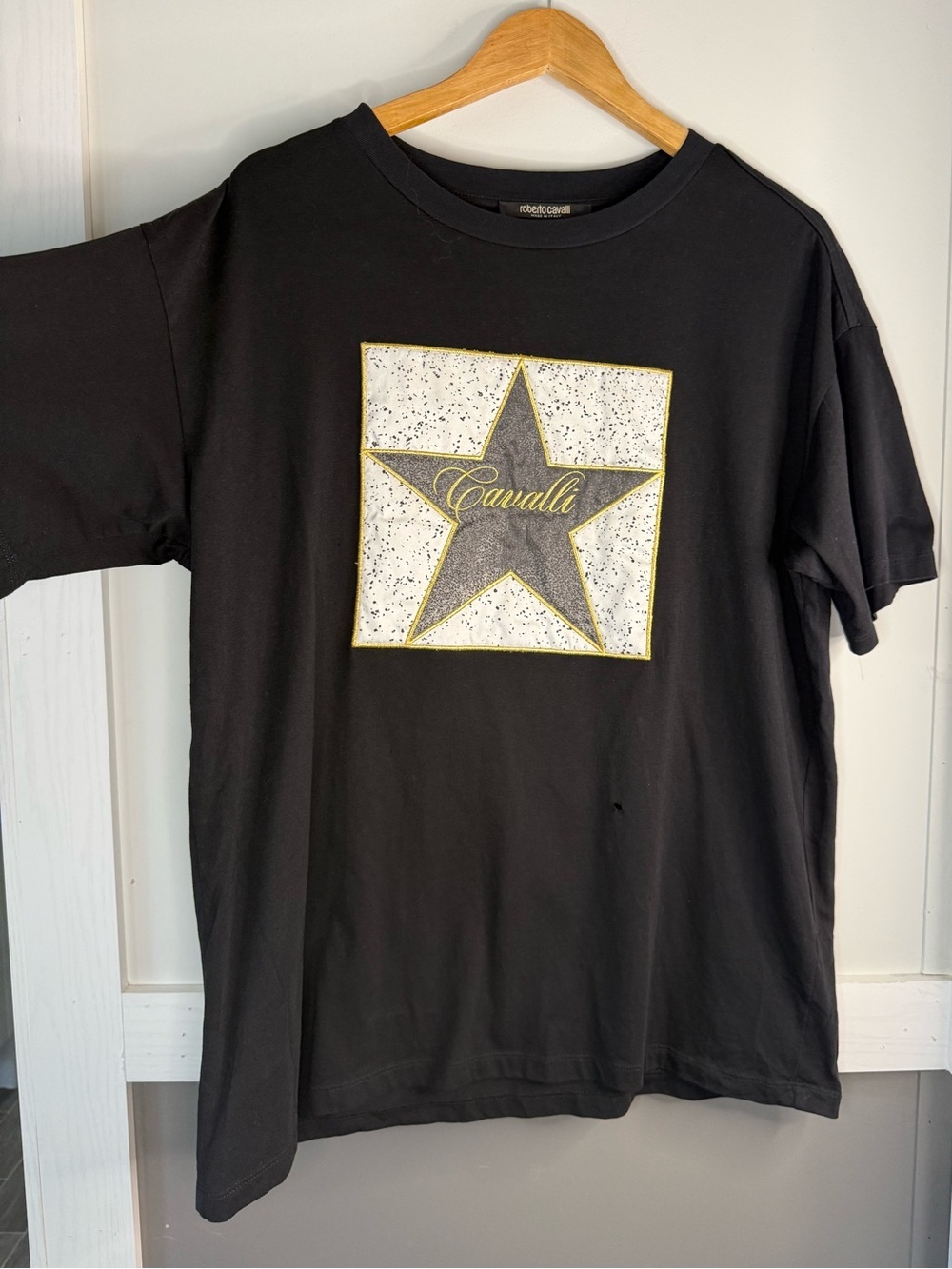 VINTAGE Roberto Cavalli Black Tee with Gold-Trim Star Motif